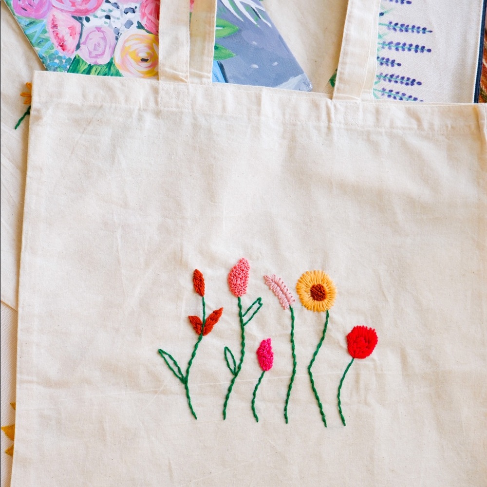 Wildflower hand embroidered tote bag, minimalistic boho chic shopping bag